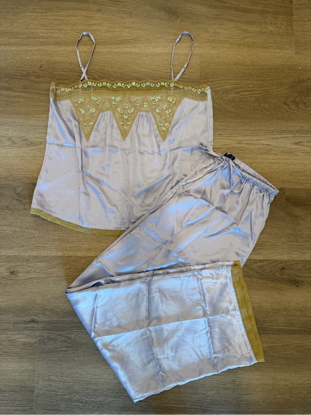 Vintage 2003 Victoria's Secret Silvery Lilac Satin Sequin Cami PJ Set M